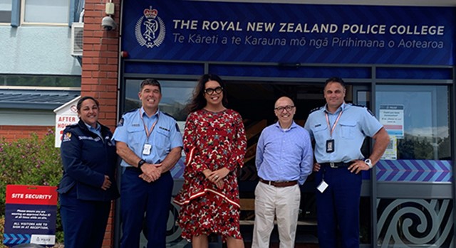 Tracey Wharehoka, Superintendent Scott Fraser, Mary Haddock-Staniland, Guillermo Merelo and Inspector Chris Kerekere outside the Royal New Zealand Police College