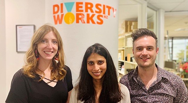 Photo of Diversity Works New Zealand's new team members  Milica van Leeuwen Bobic, Sonarli Jayaweera and Pete Mercer