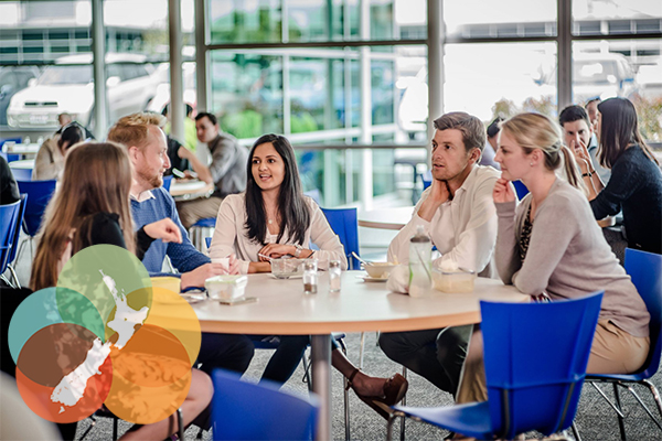 Group of employees photographed sitting at table