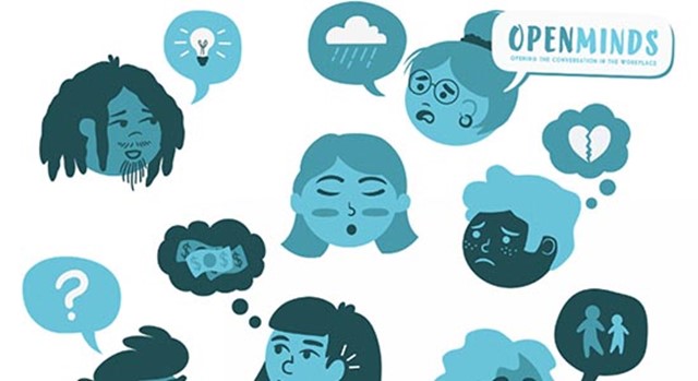 Cartoon graphic shows heads of different types of people talking to each other about mental health issues