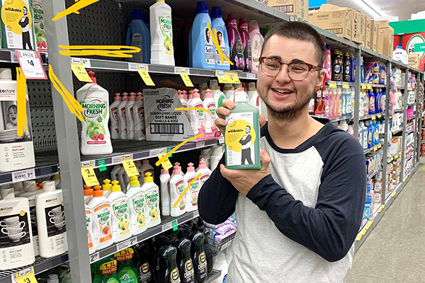 Karl with products in supermarket