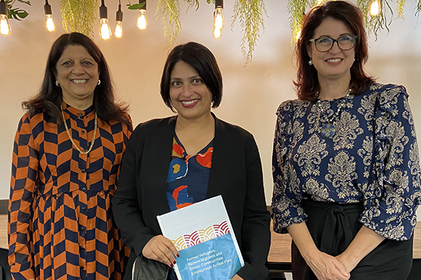 Diversity Works New Zealand Deputy Chair Ranjna Patel, Minister for Diversity, Inclusion and Ethnic Communities Priyanca Radhakrishnan and Diversity Works New Zealand Chief Executive Maretha Smit at a meeting to discuss the new plan.