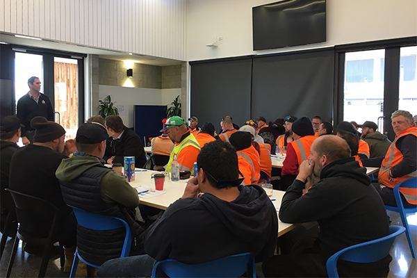 Construction workers sitting in classroom