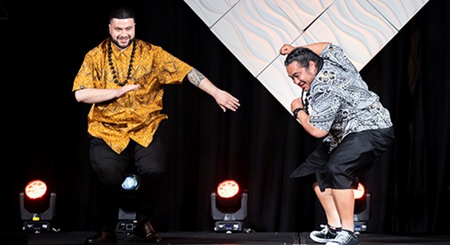 Pasifika men dancing on stage in celebration at the Diversity Awards NZ