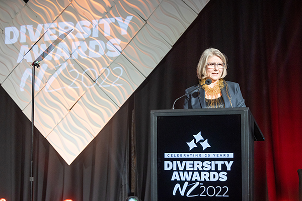 Dellwyn Stuart, CEO of YWCA Auckland and co-founder of the mindthegapnz campaign, accepts the inaugural Diversity Champion Award in 2022.
