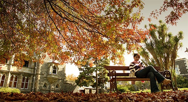 Student working on phone outside Auckland University surrounded by Autumn trees
