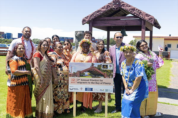 Pacific Islanders in traditional dress at powhiri